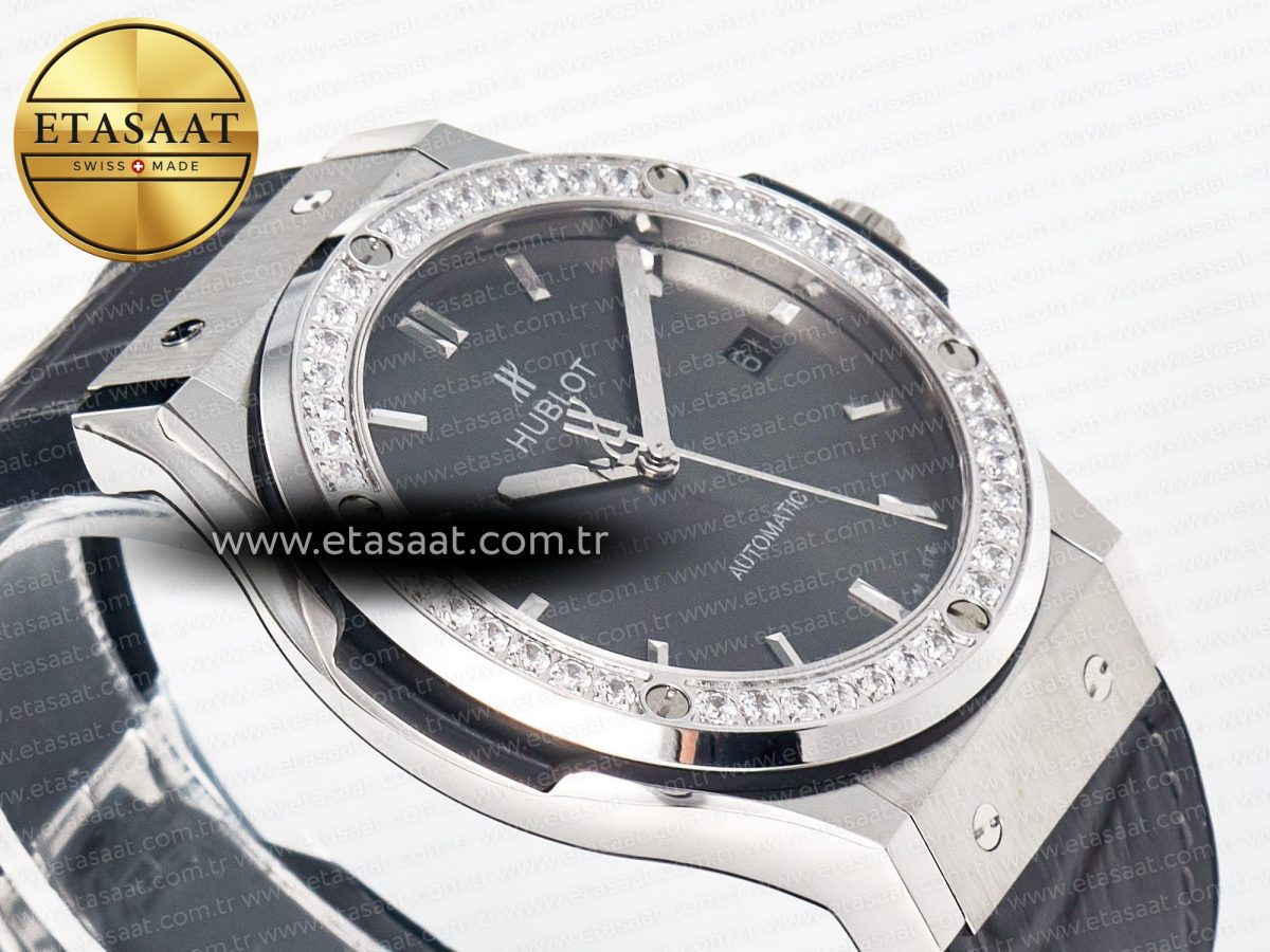 Hublot Classic Fusion Bang 42mm HBF 1:1 Best Edition Gray Dial Diamonds Bezel on Gray Leather Strap A2892 - Görsel 7