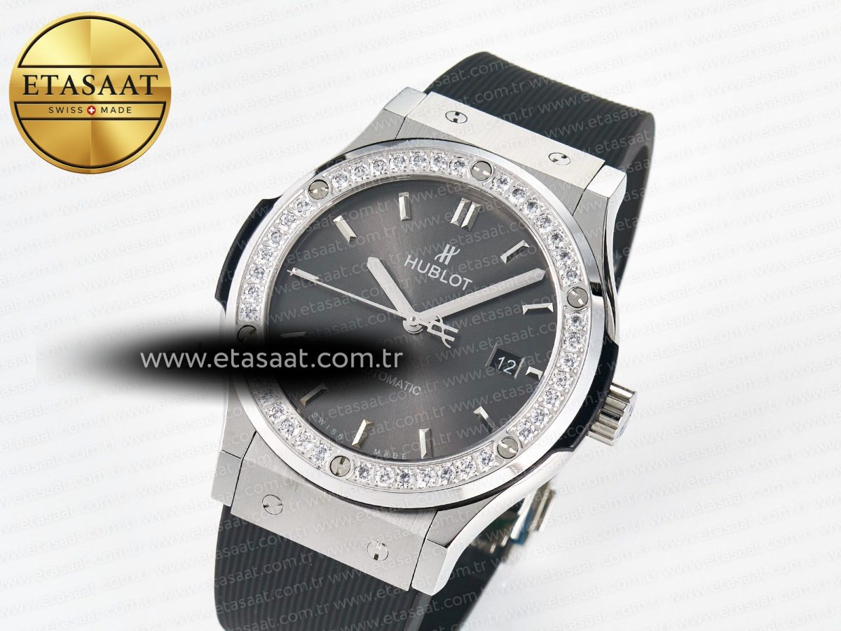 Hublot Classic Fusion Bang 42mm HBF 1:1 Best Edition Gray Dial Diamonds Bezel on Gray Rubber Strap A2892 - Görsel 1