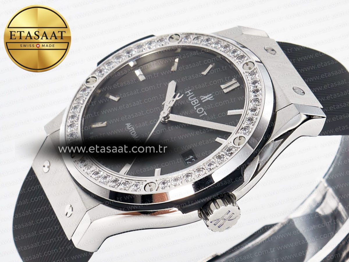 Hublot Classic Fusion Bang 42mm HBF 1:1 Best Edition Gray Dial Diamonds Bezel on Gray Rubber Strap A2892 - Görsel 6