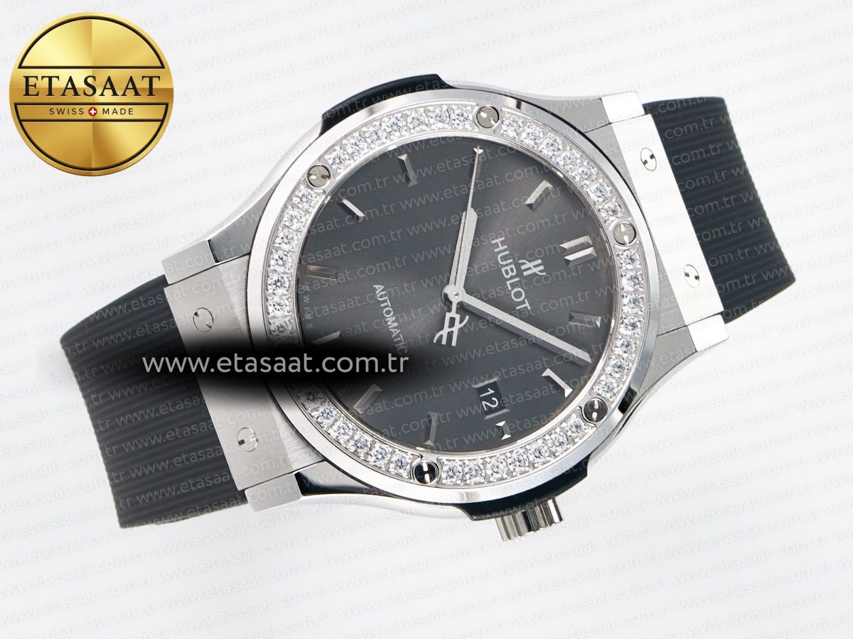 Hublot Classic Fusion Bang 42mm HBF 1:1 Best Edition Gray Dial Diamonds Bezel on Gray Rubber Strap A2892 - Görsel 8