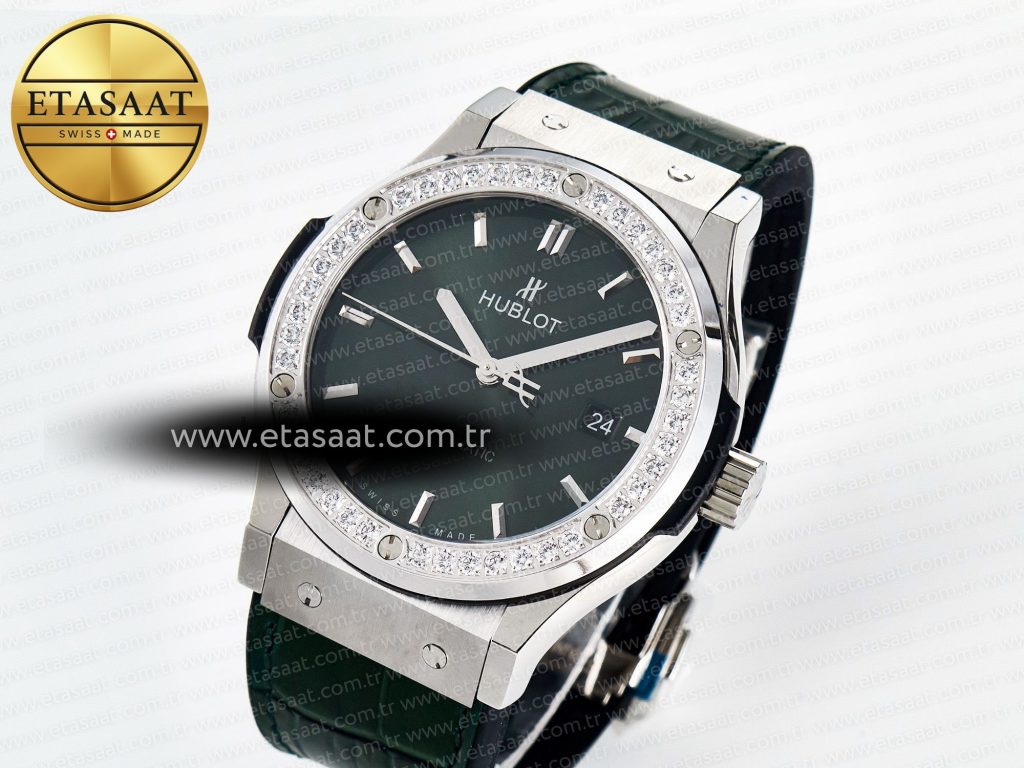 classic fusion bang 42mm hbf 11 best edition green dial diamonds bezel on green leather strap a28921