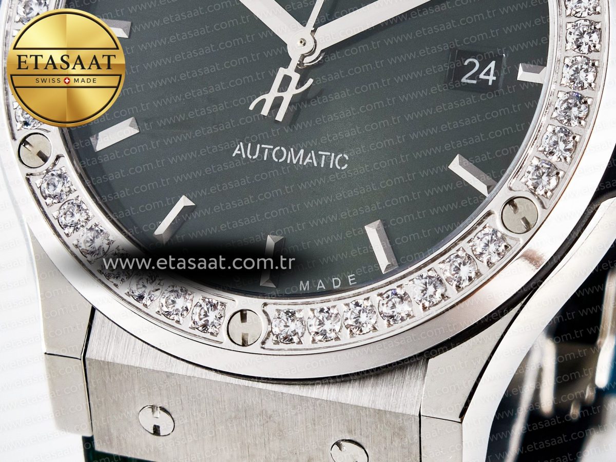 Hublot Classic Fusion Bang 42mm HBF 1:1 Best Edition Green Dial Diamonds Bezel on Green Leather Strap A2892 - Görsel 12