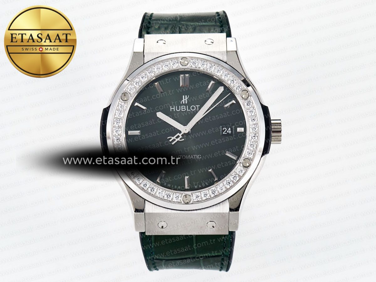 Hublot Classic Fusion Bang 42mm HBF 1:1 Best Edition Green Dial Diamonds Bezel on Green Leather Strap A2892 - Görsel 3