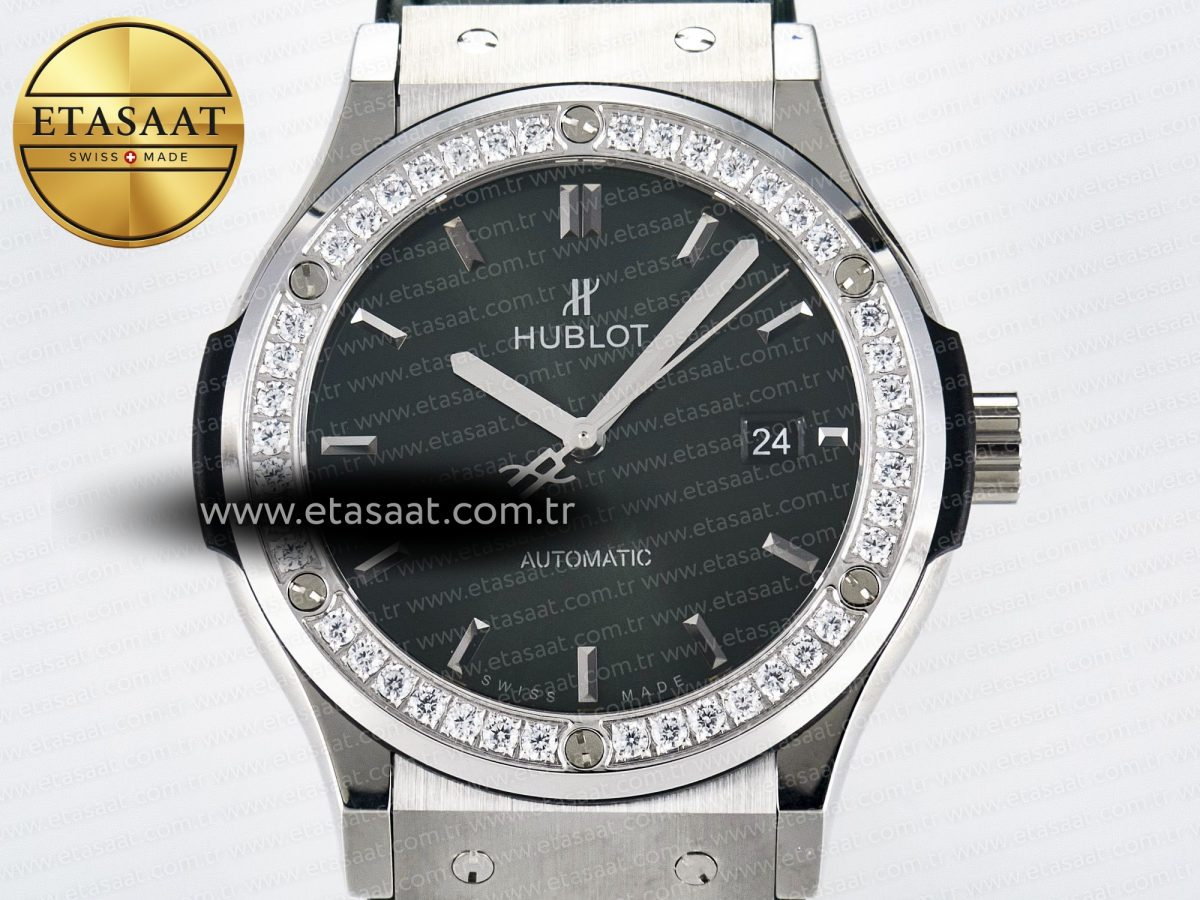 Hublot Classic Fusion Bang 42mm HBF 1:1 Best Edition Green Dial Diamonds Bezel on Green Leather Strap A2892 - Görsel 4