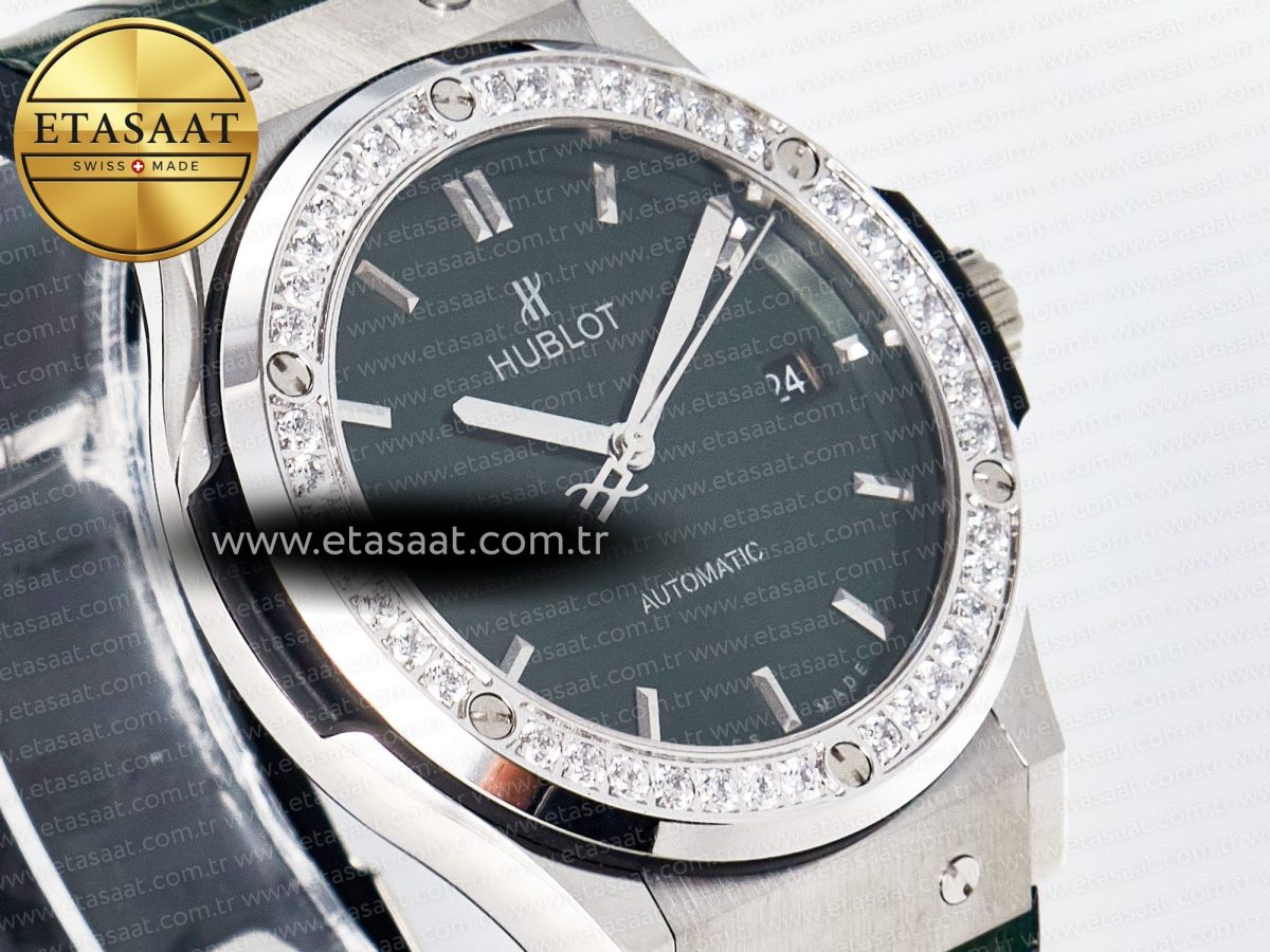 Hublot Classic Fusion Bang 42mm HBF 1:1 Best Edition Green Dial Diamonds Bezel on Green Leather Strap A2892 - Görsel 5
