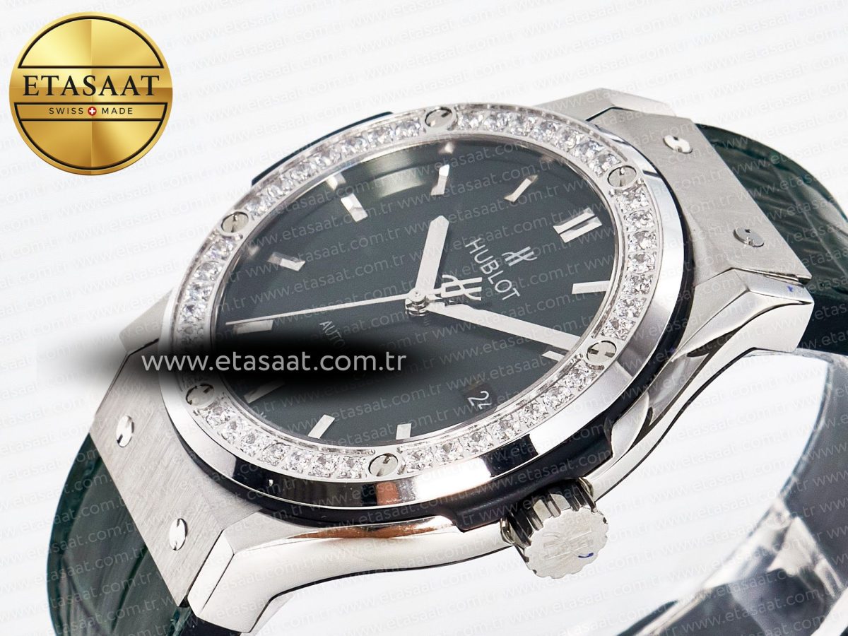 Hublot Classic Fusion Bang 42mm HBF 1:1 Best Edition Green Dial Diamonds Bezel on Green Leather Strap A2892 - Görsel 6