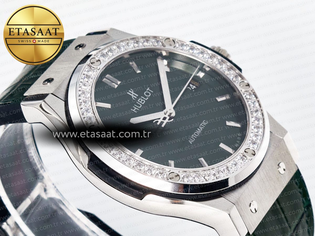 Hublot Classic Fusion Bang 42mm HBF 1:1 Best Edition Green Dial Diamonds Bezel on Green Leather Strap A2892 - Görsel 7