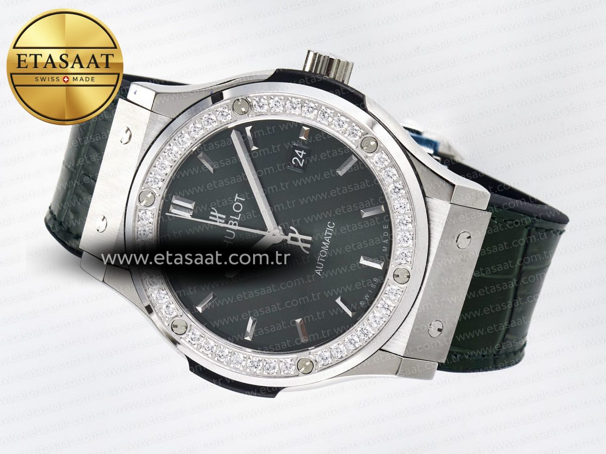 Hublot Classic Fusion Bang 42mm HBF 1:1 Best Edition Green Dial Diamonds Bezel on Green Leather Strap A2892 - Görsel 9