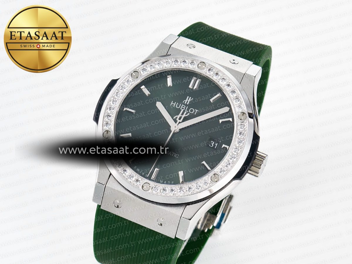 Hublot Classic Fusion Bang 42mm HBF 1:1 Best Edition Green Dial Diamonds Bezel on Green Rubber Strap A2892 - Görsel 2