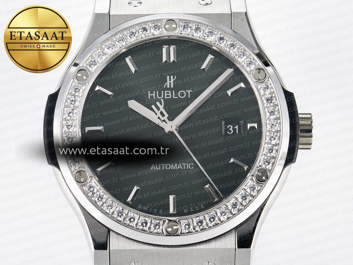 Hublot Classic Fusion Bang 42mm HBF 1:1 Best Edition Green Dial Diamonds Bezel on Green Rubber Strap A2892 - Görsel 4