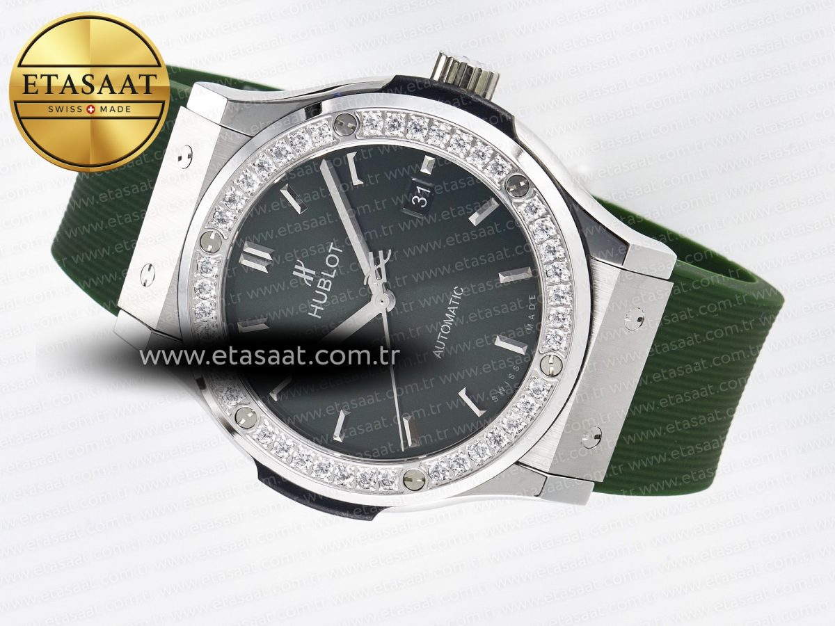 Hublot Classic Fusion Bang 42mm HBF 1:1 Best Edition Green Dial Diamonds Bezel on Green Rubber Strap A2892 - Görsel 9