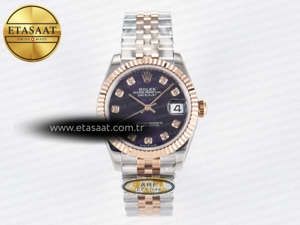 Rolex Datejust 31 278271 ARF Mor Pırlantalı Kadran 2688 Eta Saat - 1:1 Süper Klon Replika Saat