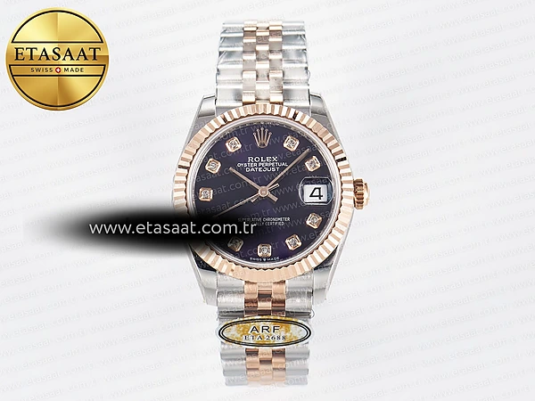 Rolex Datejust 31 278271 ARF Mor Pırlantalı Kadran 2688 Eta Saat - 1:1 Süper Klon Replika Saat