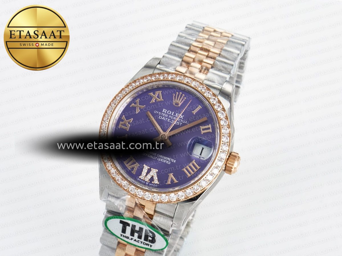 Rolex DateJust 278271 904L Steel  Purple Roman Dial Diamonds Bezel on SS/RG Cal.2236 - Görsel 2