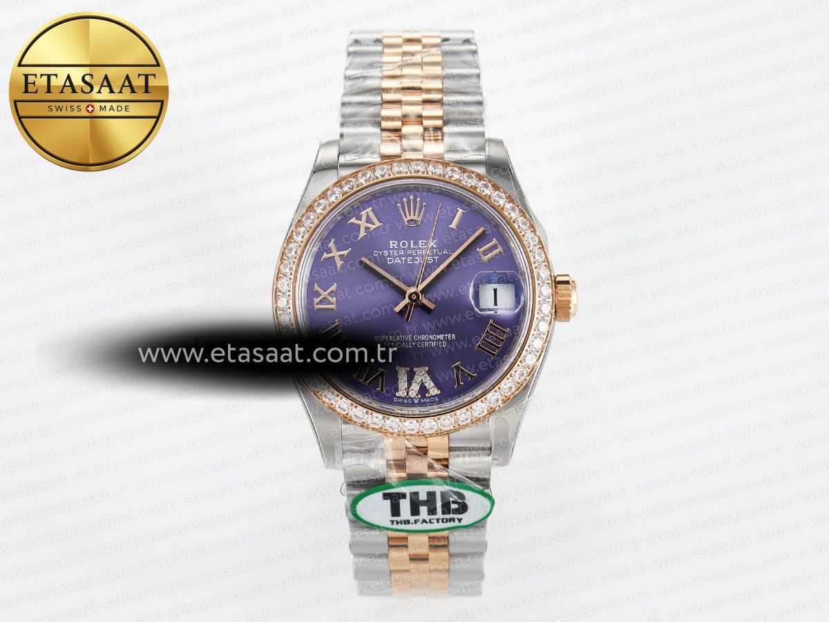Rolex DateJust 278271 904L Steel  Purple Roman Dial Diamonds Bezel on SS/RG Cal.2236 - Görsel 3