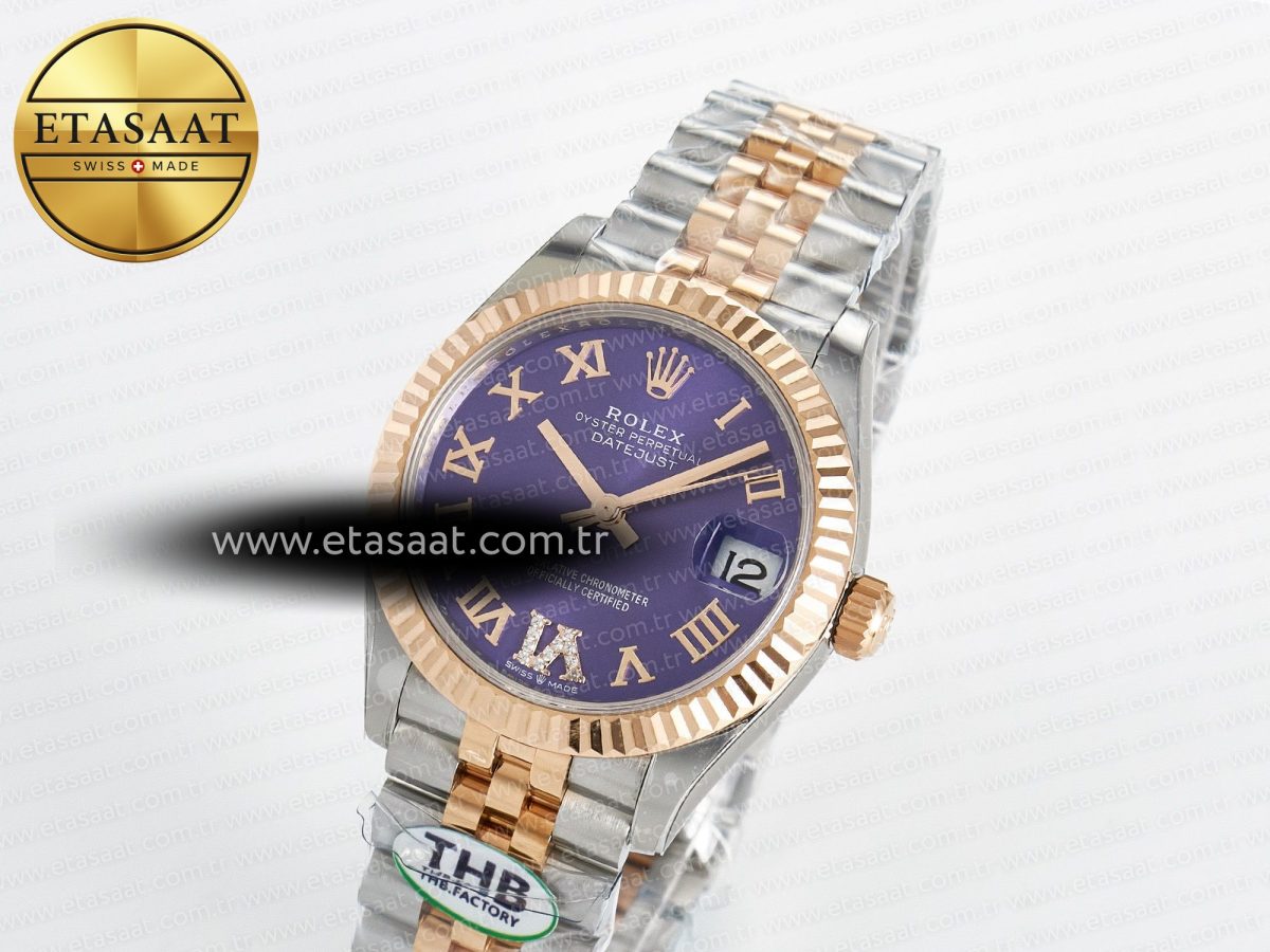Rolex DateJust 278271 904L Steel Purple Roman Diamonds Dial on SS/RG Cal.2236 - Görsel 1