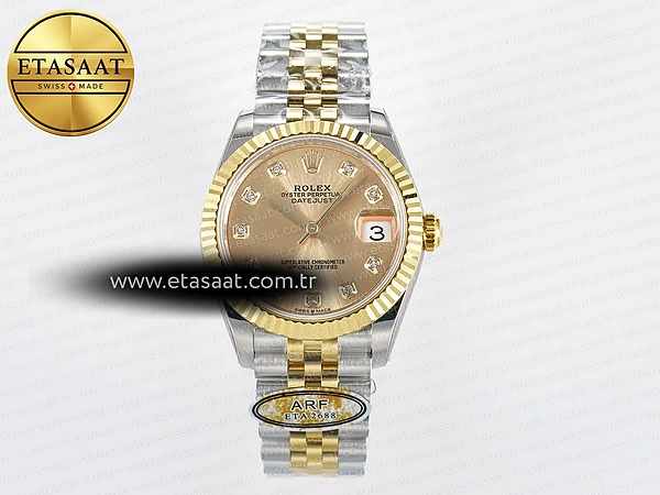 Rolex Datejust 31 278273 ARF YG Pırlantalı Kadran 2688 Eta Saat - 1:1 Süper Klon Replika Saat
