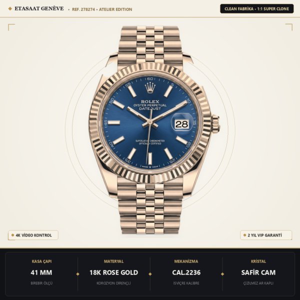 Rolex Datejust 278274 RG Roma Pırlantalı Kadran Cal.2236 Eta Saat - 1:1 Süper Klon Replika Saat
