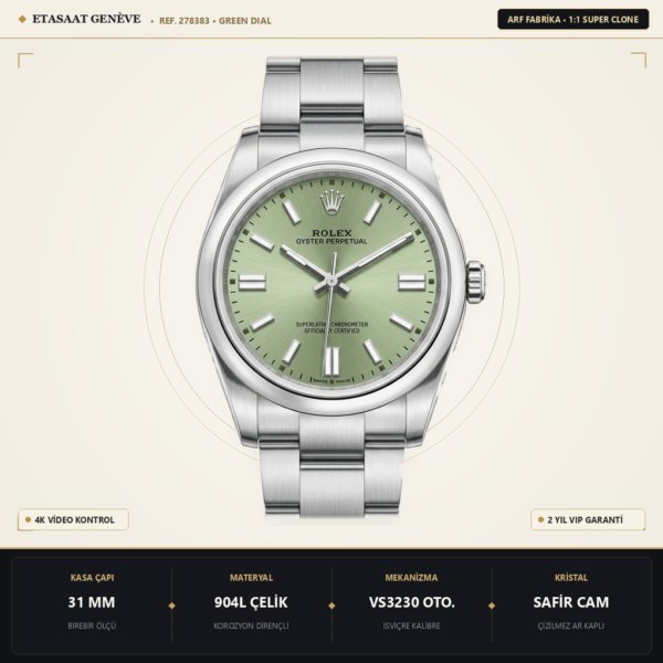 Rolex Datejust 31 278383 ARF Yeşil Pırlantalı 2688 11 Eta Saat - 1:1 Süper Klon Replika Saat