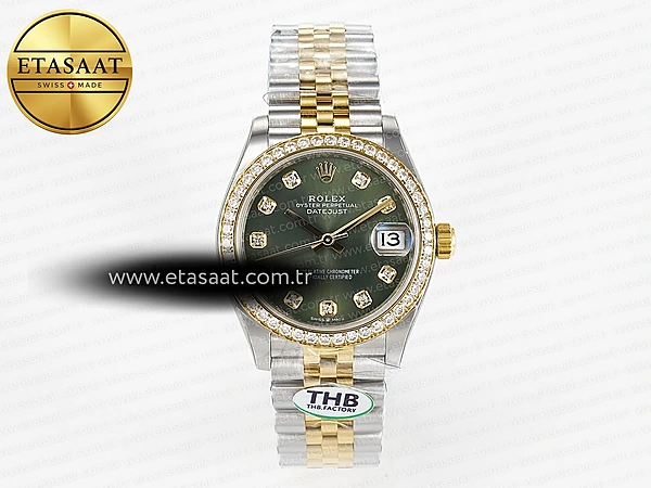 Rolex Datejust 278383RBR Yeşil Pırlantalı Kadran Cal.2236 Eta Saat - 1:1 Süper Klon Replika Saat
