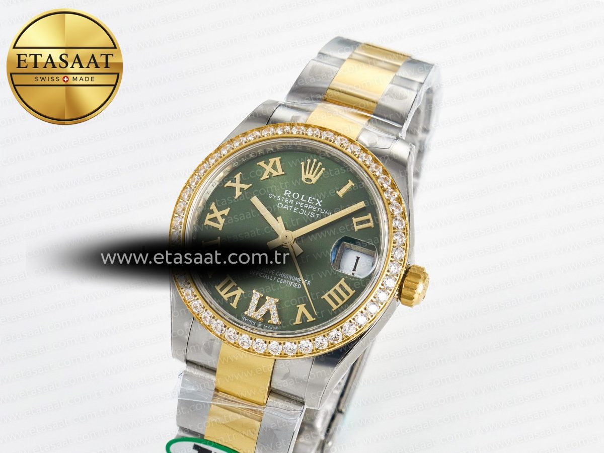 Rolex DateJust 278383RBR 904L SteelGreen Roman Diamonds Dial Diamonds Bezel on SS/YG Cal.2236 - Görsel 2