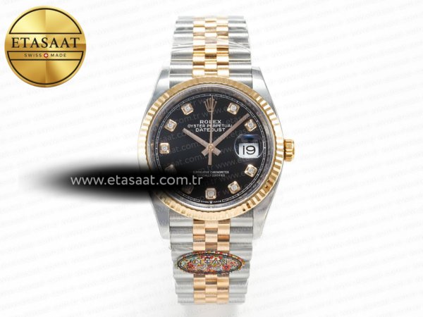 Rolex Datejust 126231 36mm Siyah Pırlantalı VR3235 Eta Saat - 1:1 Süper Klon Replika Saat