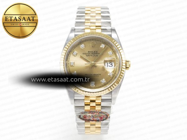 Rolex Datejust 36 126233 Clean YG Pırlantalı Kadran VR3235 Eta Saat - 1:1 Süper Klon Replika Saat