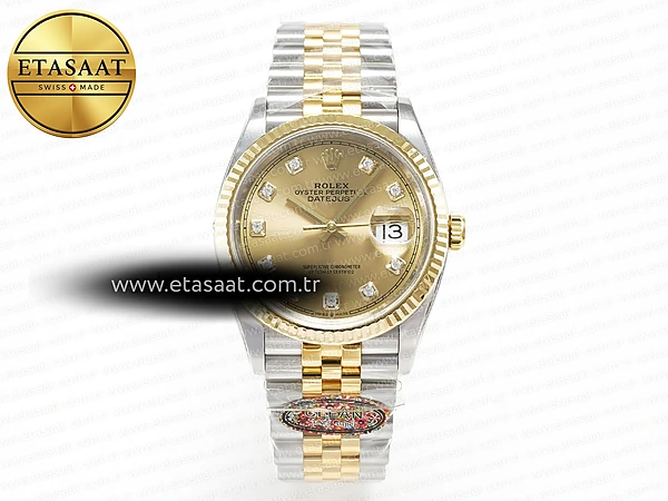 Rolex Datejust 36 126233 Clean YG Pırlantalı Kadran VR3235 Eta Saat - 1:1 Süper Klon Replika Saat