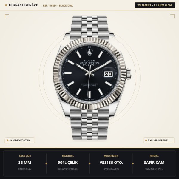 Rolex Datejust 36 116234 VSF Siyah Çizgi Kadran VS3135 Eta Saat - 1:1 Süper Klon Replika Saat