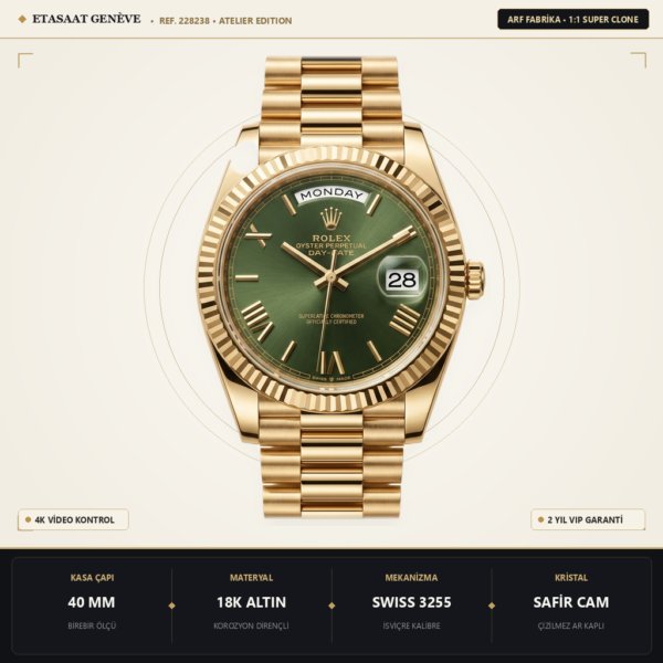 Rolex Day-Date 40 228238 ARF YG Pırlantalı President VR3255 Eta Saat - 1:1 Süper Klon Replika Saat