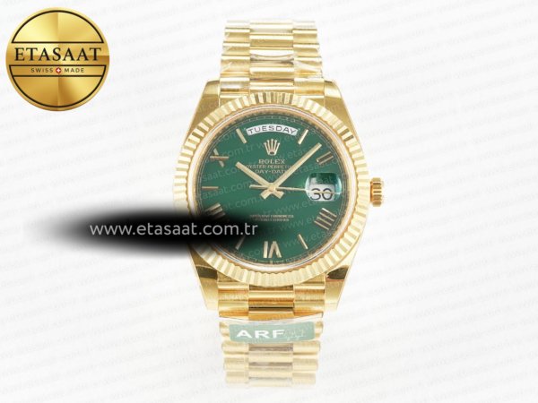 Rolex Day-Date 40 YG 228238 ARF Yeşil Roma Kadran VR3255 Eta Saat - 1:1 Süper Klon Replika Saat