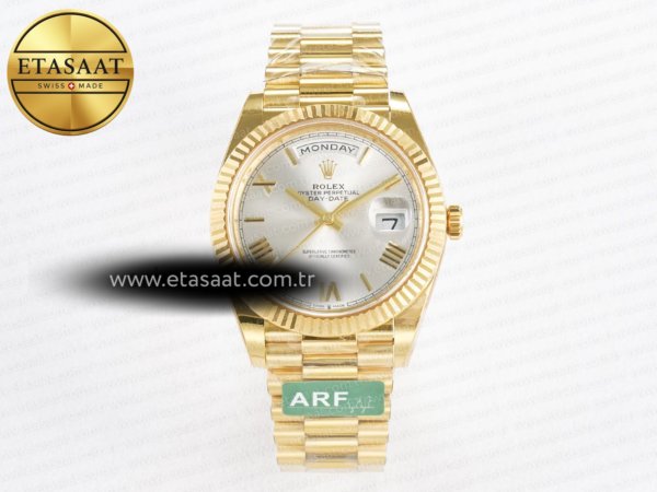 Rolex Day-Date 40 YG 228238 ARF Gümüş Roma Kadran VR3255 Eta Saat - 1:1 Süper Klon Replika Saat