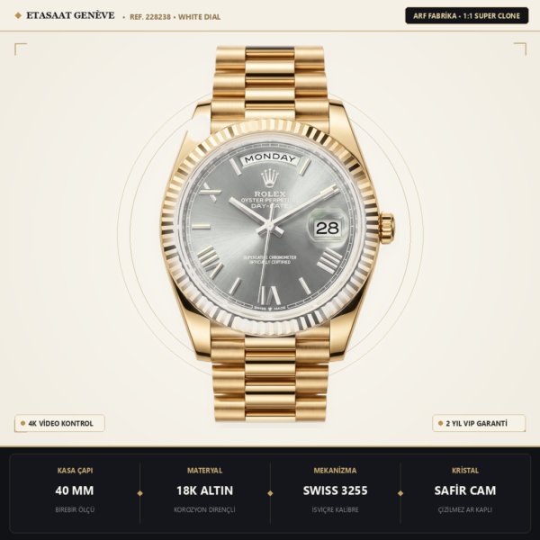Rolex Day-Date 40 YG 228238 ARF Beyaz Roma Kadran VR3255 Eta Saat - 1:1 Süper Klon Replika Saat
