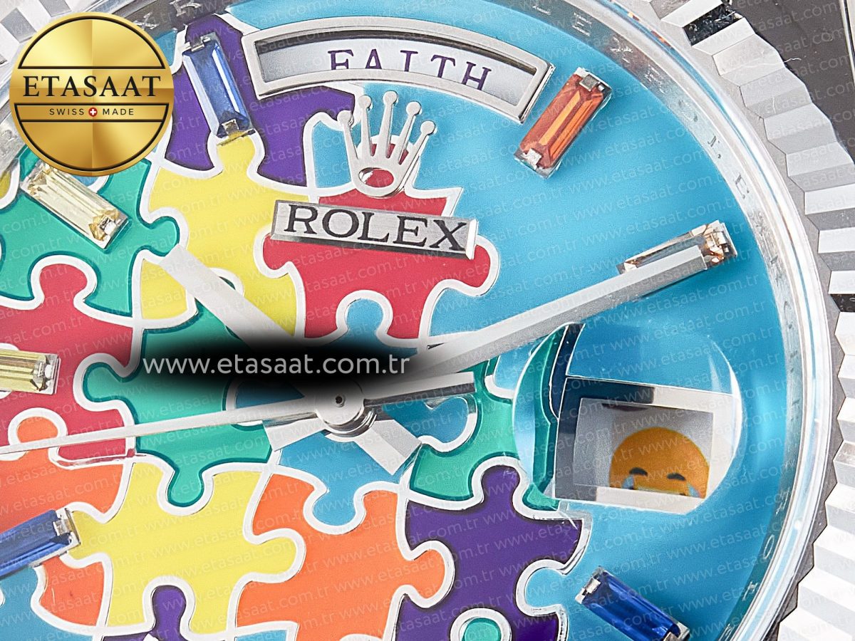 Rolex Daydate 128239 36mm Colour Jigsaw Puzzle SS QHF Best Edition Turquoise Blue Dial on SS President Bracelet A2834 - Görsel 10