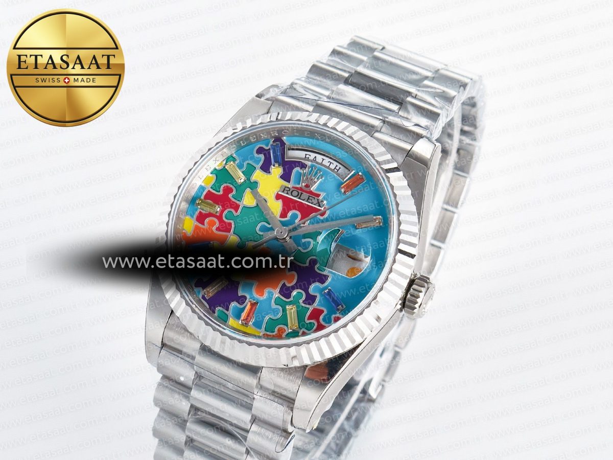 Rolex Daydate 128239 36mm Colour Jigsaw Puzzle SS QHF Best Edition Turquoise Blue Dial on SS President Bracelet A2834 - Görsel 2