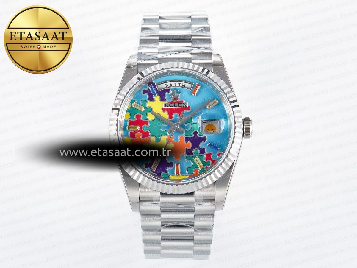 Rolex Daydate 128239 36mm Colour Jigsaw Puzzle SS QHF Best Edition Turquoise Blue Dial on SS President Bracelet A2834 - Görsel 3