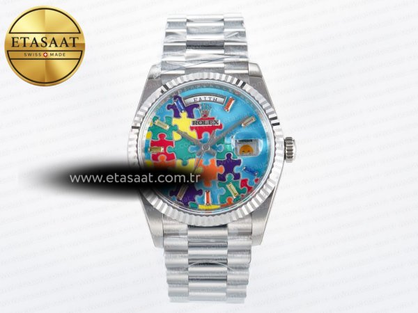 Rolex Day-Date 128239 36mm Colour Jigsaw Puzzle Qhf A2834 Eta Saat - 1:1 Süper Klon Replika Saat