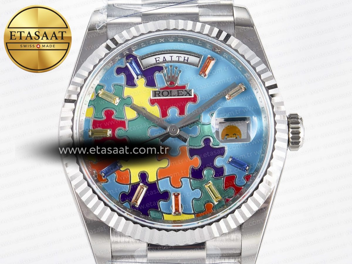 Rolex Daydate 128239 36mm Colour Jigsaw Puzzle SS QHF Best Edition Turquoise Blue Dial on SS President Bracelet A2834 - Görsel 4