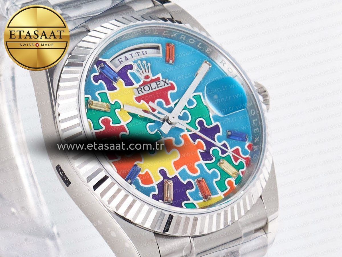 Rolex Daydate 128239 36mm Colour Jigsaw Puzzle SS QHF Best Edition Turquoise Blue Dial on SS President Bracelet A2834 - Görsel 5