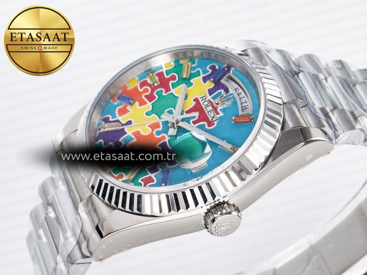 Rolex Daydate 128239 36mm Colour Jigsaw Puzzle SS QHF Best Edition Turquoise Blue Dial on SS President Bracelet A2834 - Görsel 6