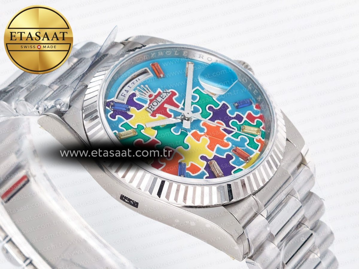 Rolex Daydate 128239 36mm Colour Jigsaw Puzzle SS QHF Best Edition Turquoise Blue Dial on SS President Bracelet A2834 - Görsel 7