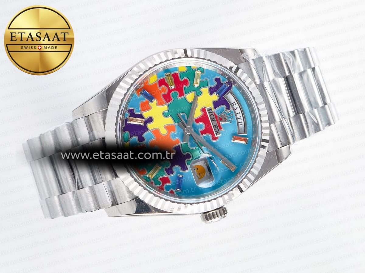 Rolex Daydate 128239 36mm Colour Jigsaw Puzzle SS QHF Best Edition Turquoise Blue Dial on SS President Bracelet A2834 - Görsel 8
