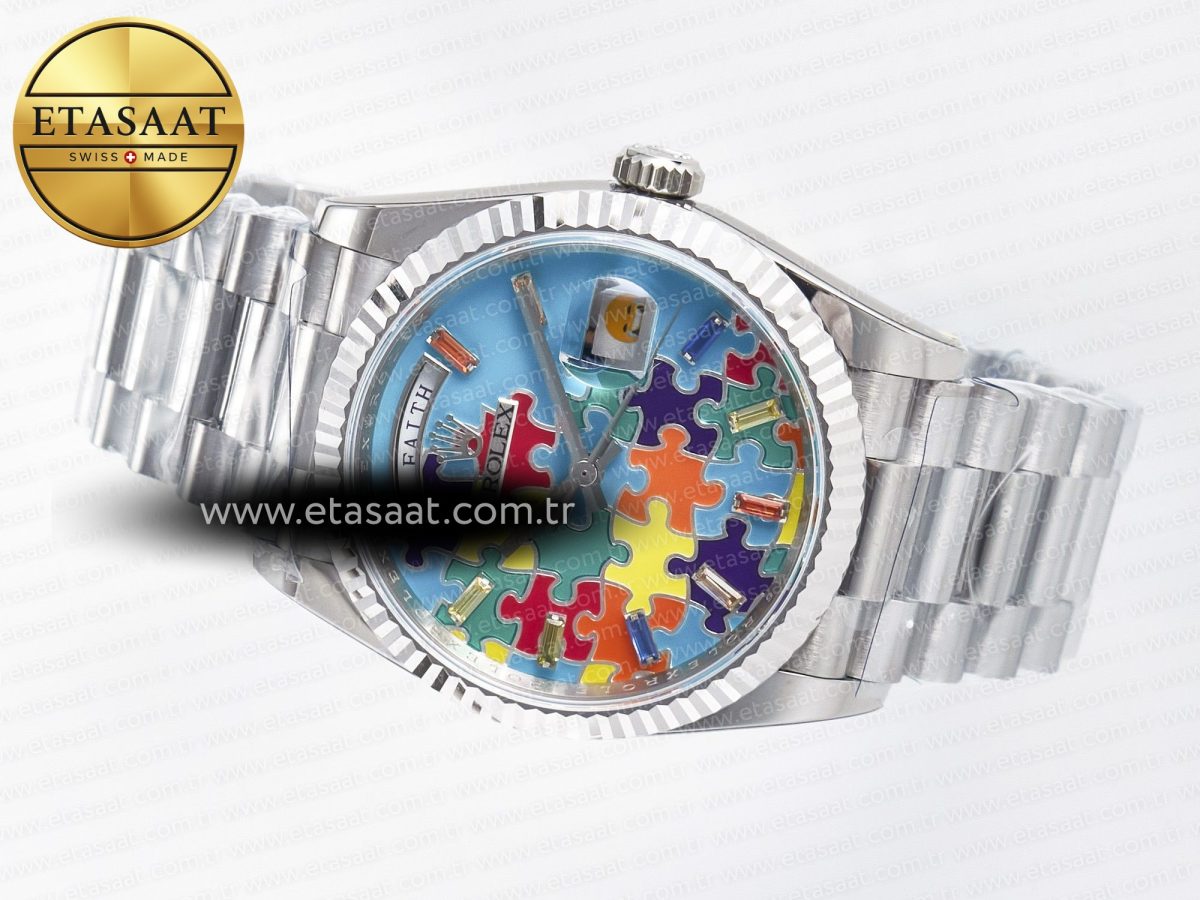 Rolex Daydate 128239 36mm Colour Jigsaw Puzzle SS QHF Best Edition Turquoise Blue Dial on SS President Bracelet A2834 - Görsel 9