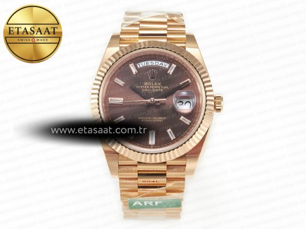 Rolex Day-Date 40 228235 ARF Kahve Pırlantalı VR3255 Eta Saat - 1:1 Süper Klon Replika Saat