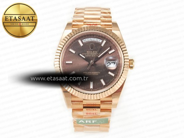 Rolex Day-Date 40 228235 ARF Kahve Çizgi Kadran VR3255 Eta Saat - 1:1 Süper Klon Replika Saat