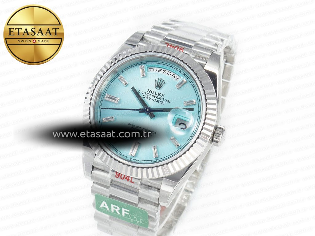 daydate 40 228236 arf 904l steel tiffany blue crystal diamonds bezel on president bracelet vr32551