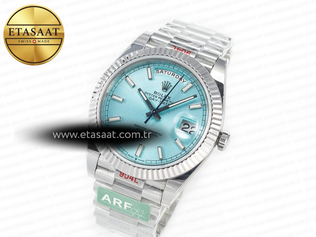 daydate 40 228236 arf 904l steel tiffany blue stick dial on president bracelet vr32551