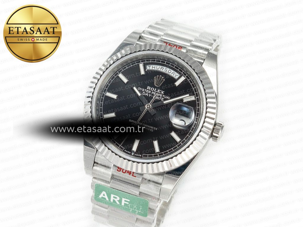 daydate 40 228239 arf 904l steel black dial on president bracelet vr32552