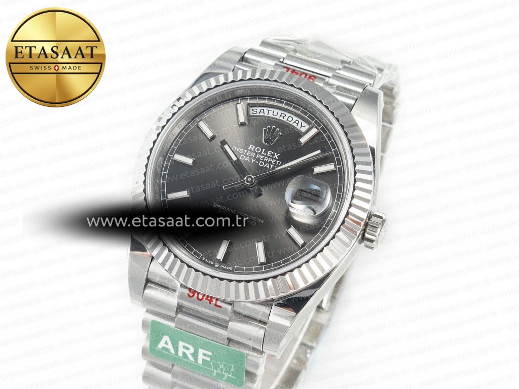 daydate 40 228239 arf 904l steel grey stick dial on president bracelet vr32551