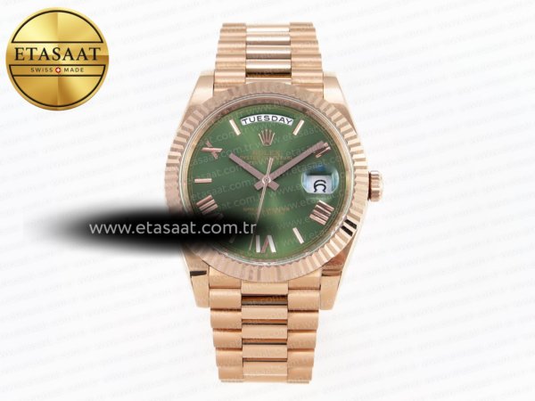 Rolex Day-Date Yeşil Roma Rakamlı Kadran President A2836 Eta Saat - 1:1 Süper Klon Replika Saat